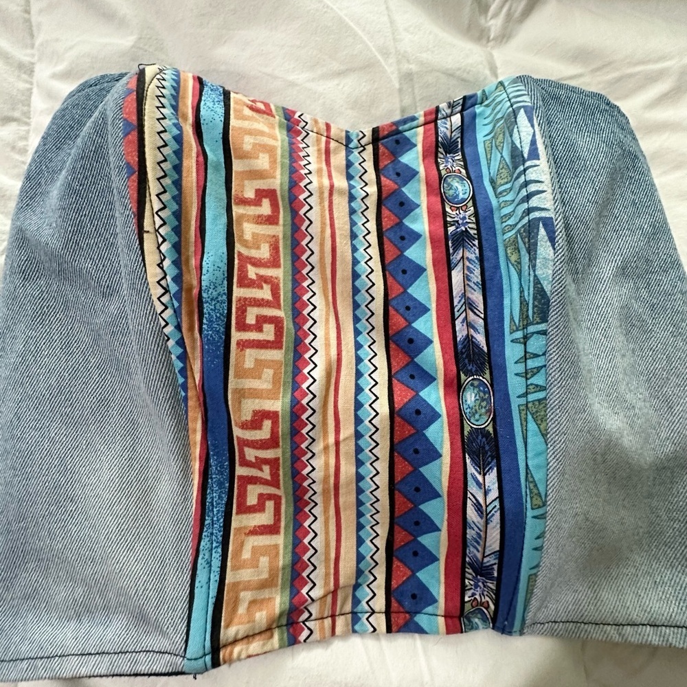 Women’s Denim Bustier Top Small Aztec Print Blue Orange Geometric Jean Crop Top - Picture 2 of 5